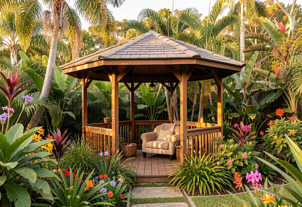 A charming timber garden gazebo tucked into a lush