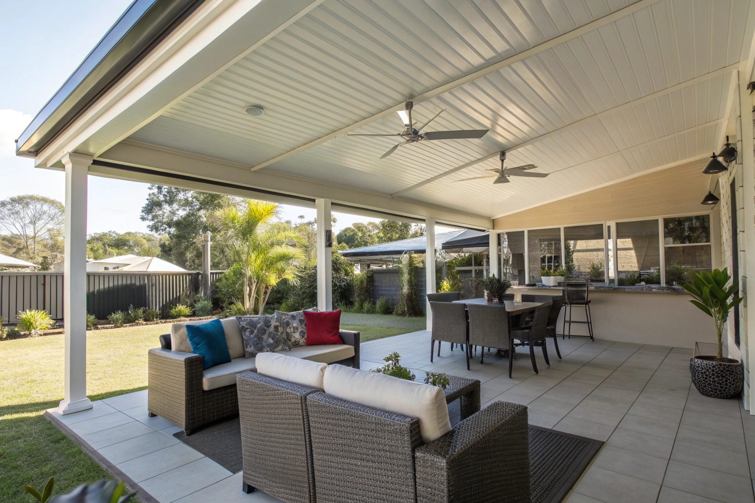 a-comfortable-outdoor-patio-area-with-modern-furni Comfortable insulated patio roofing in Ipswich keeping outdoor area cool during summer