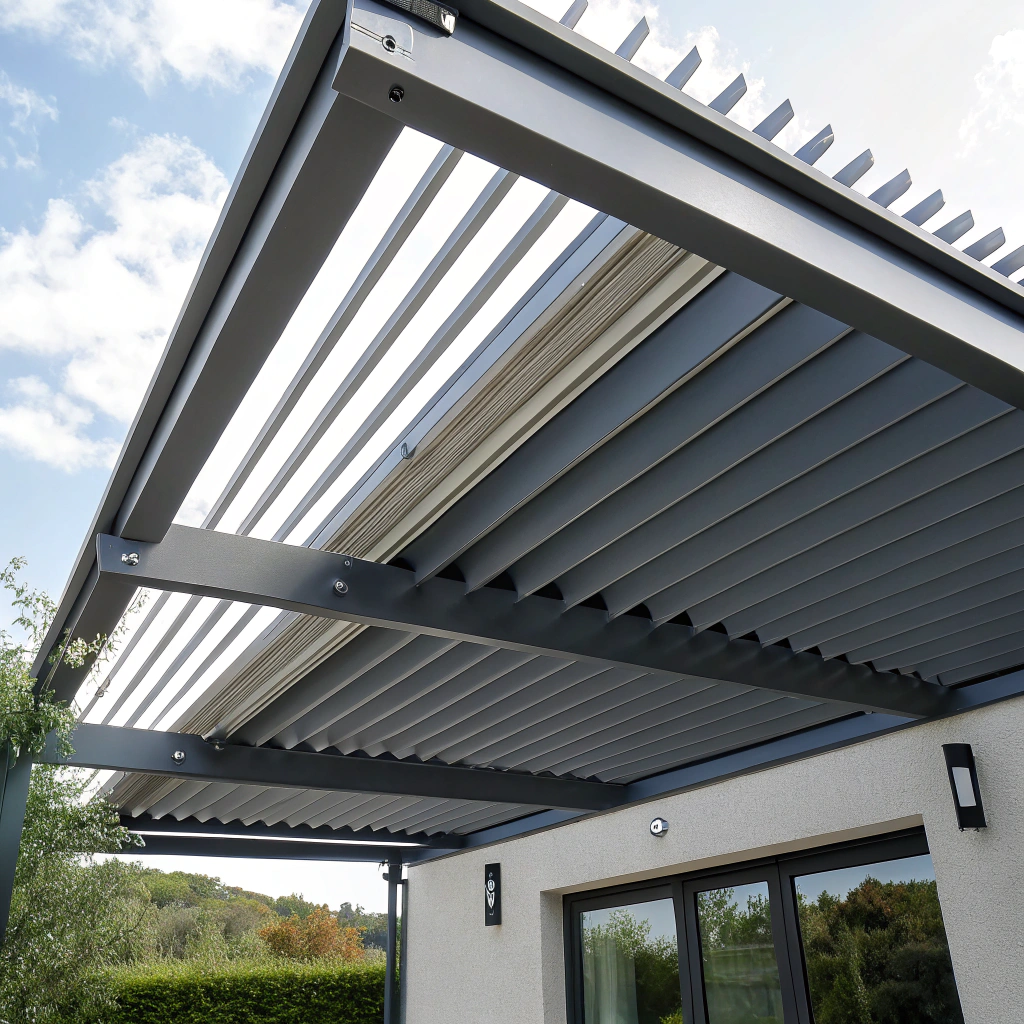 Close-up of aluminium louvre blades on retractable roof pergola system