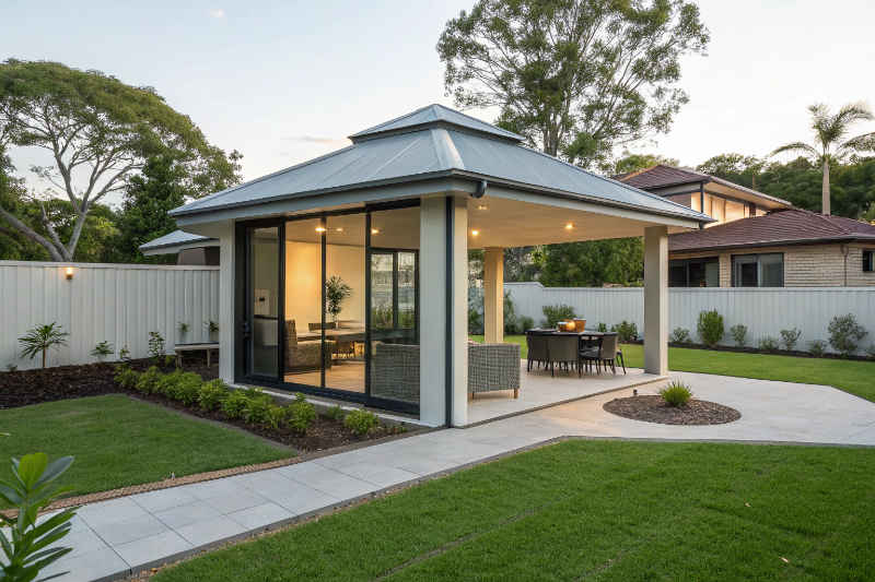 Modern aluminium octagonal gazebo with contemporary roofline in an Ipswich backyard
