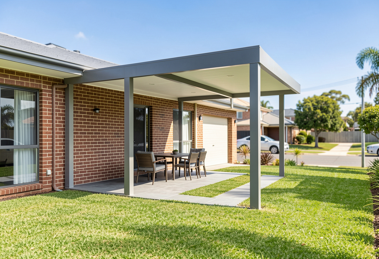 aluminium pergola installation to a contemporary Queensland brick home