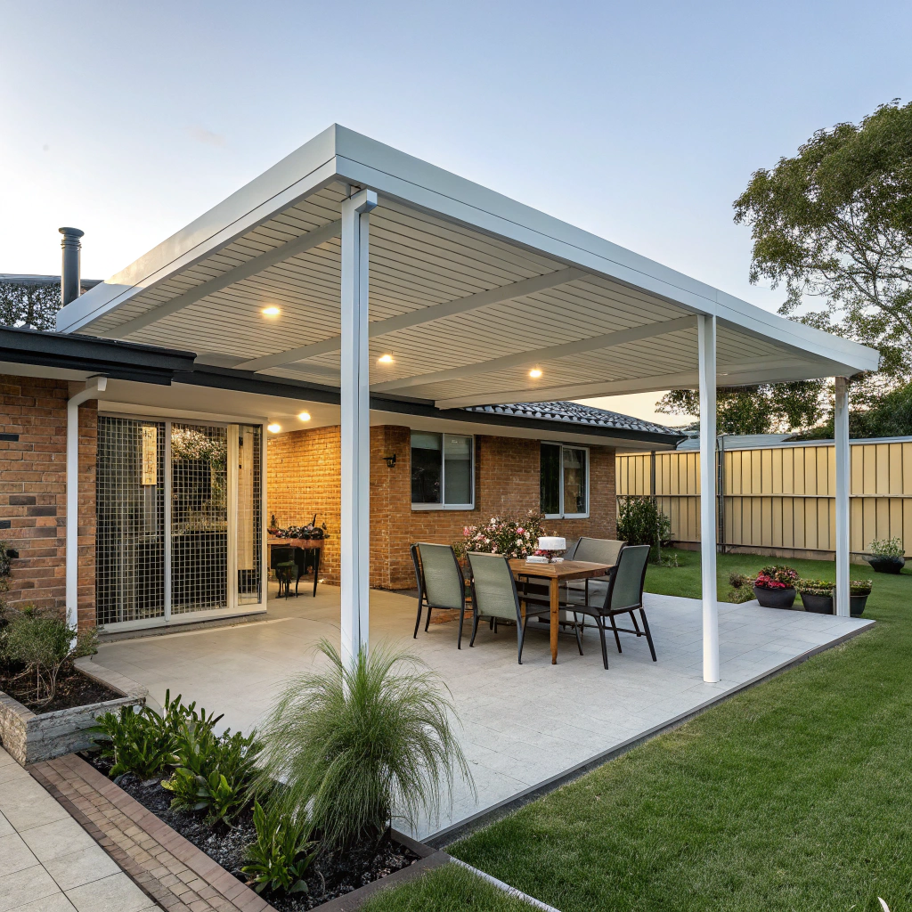 Modern attached pergola seamlessly integrated with Ipswich home featuring outdoor dining area