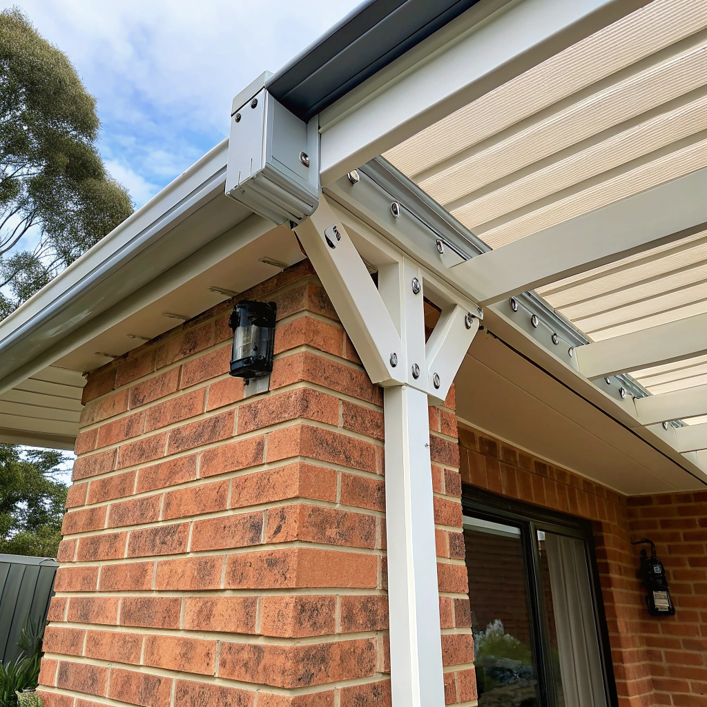 Professional attachment point showing how attached pergola connects to brick home exterior wall
