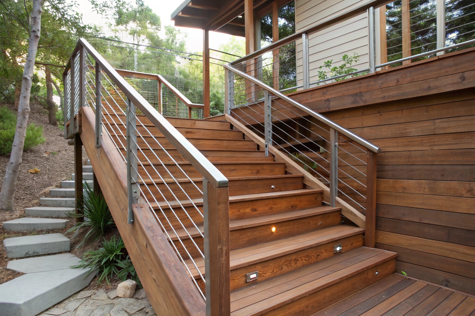 Deck stairs and landing showing transition between levels on multi-level deck