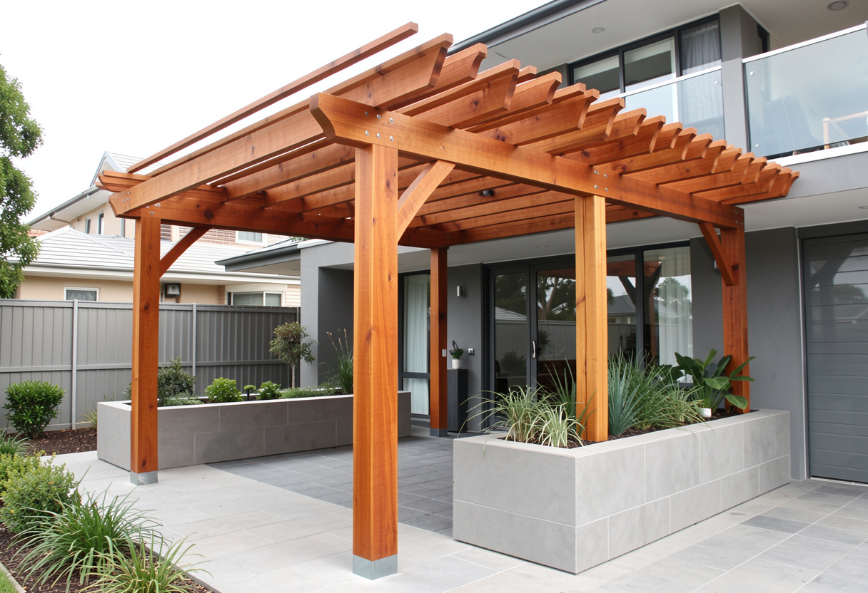 custom timber pergola attached to a modern Queensland home