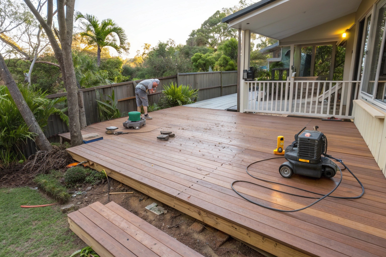 Deck restoration process sanding timber surface in Ipswich