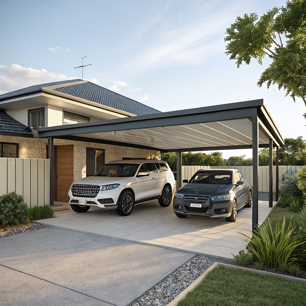 Completed double carport extension in Ipswich with two vehicles parked comfortably