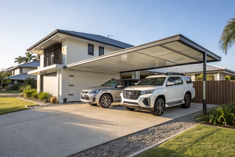Double carport protecting two vehicles in Ipswich suburban driveway