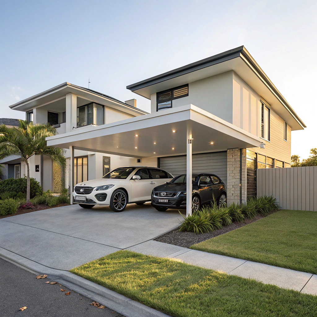 Modern flat roof double carport installation in Springfield estate home
