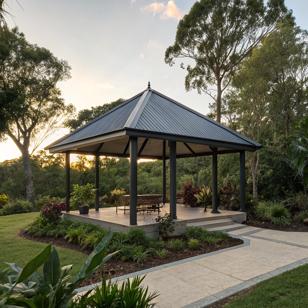 Freestanding pyramidal roof metal gazebo as garden feature in Queensland backyard