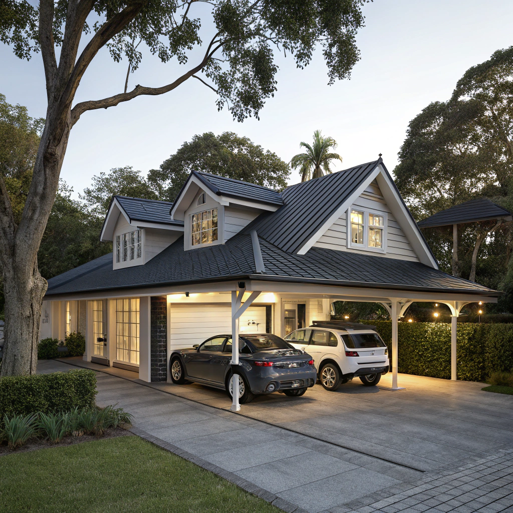 Gabled roof double carport attached to established Ipswich character home