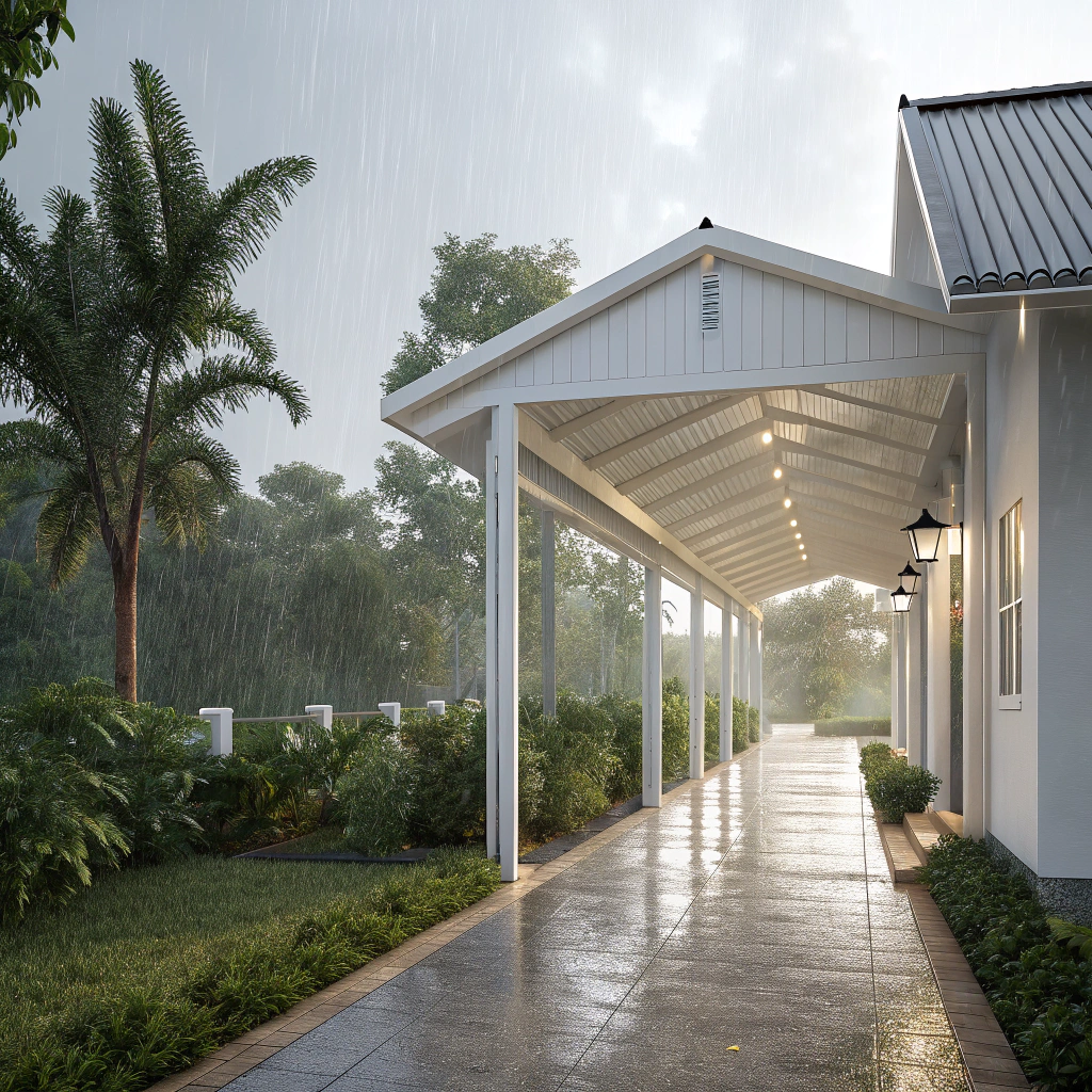 Gabled roof covered walkway staying dry during Queensland rain in Ipswich