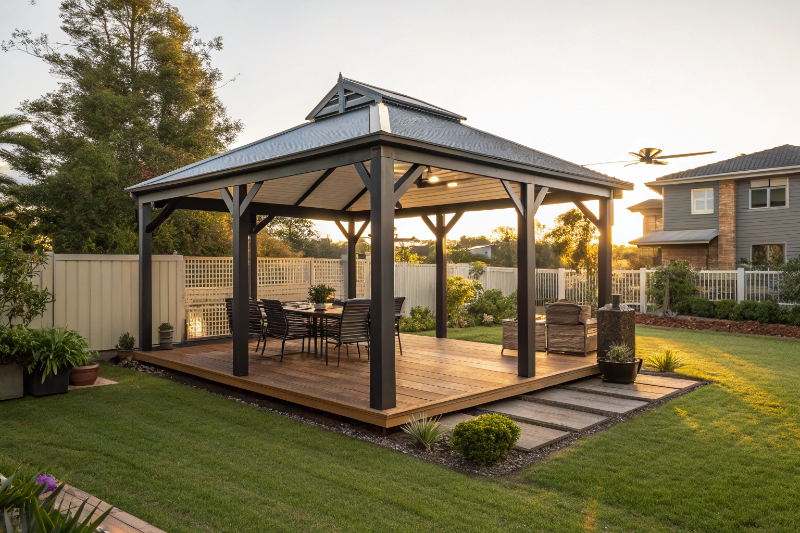 Metal frame gazebo with gabled roof installed in Ipswich suburban backyard