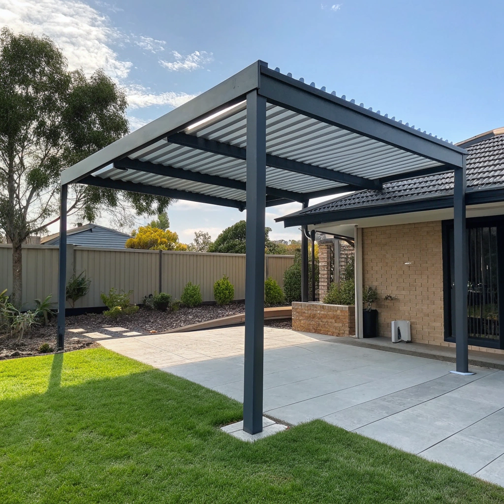 Modern aluminium freestanding pergola with flat roof in contemporary Ipswich backyard