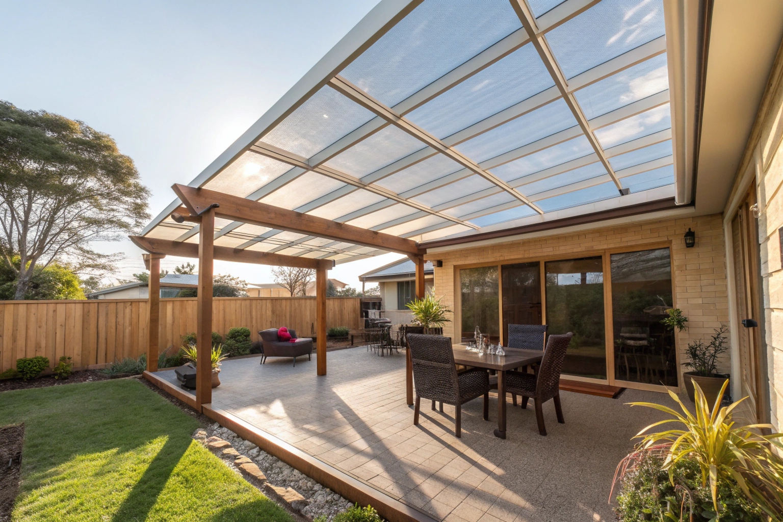 modern-australian-backyard-patio-with-clear-polyca Clear polycarbonate roof panels installed on Ipswich patio allowing natural light through