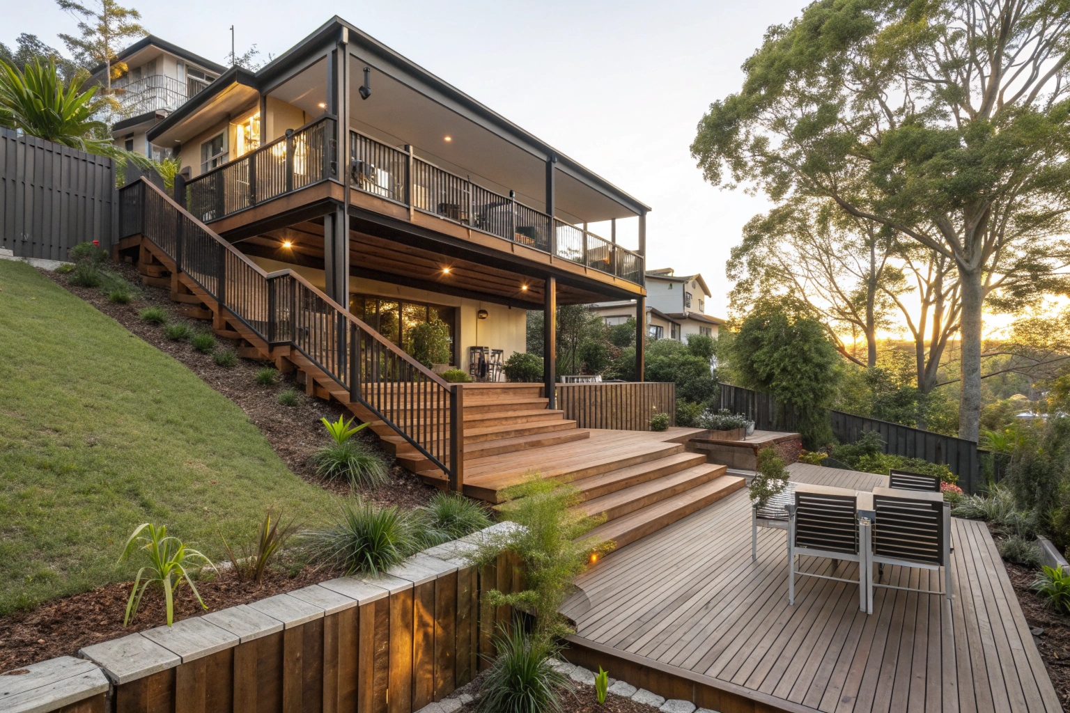 Multi-level deck on sloped Ipswich property with timber construction and garden surrounds