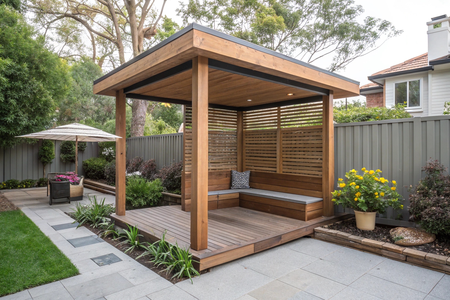 Contemporary timber gazebo with built-in seating in Ipswich backyard