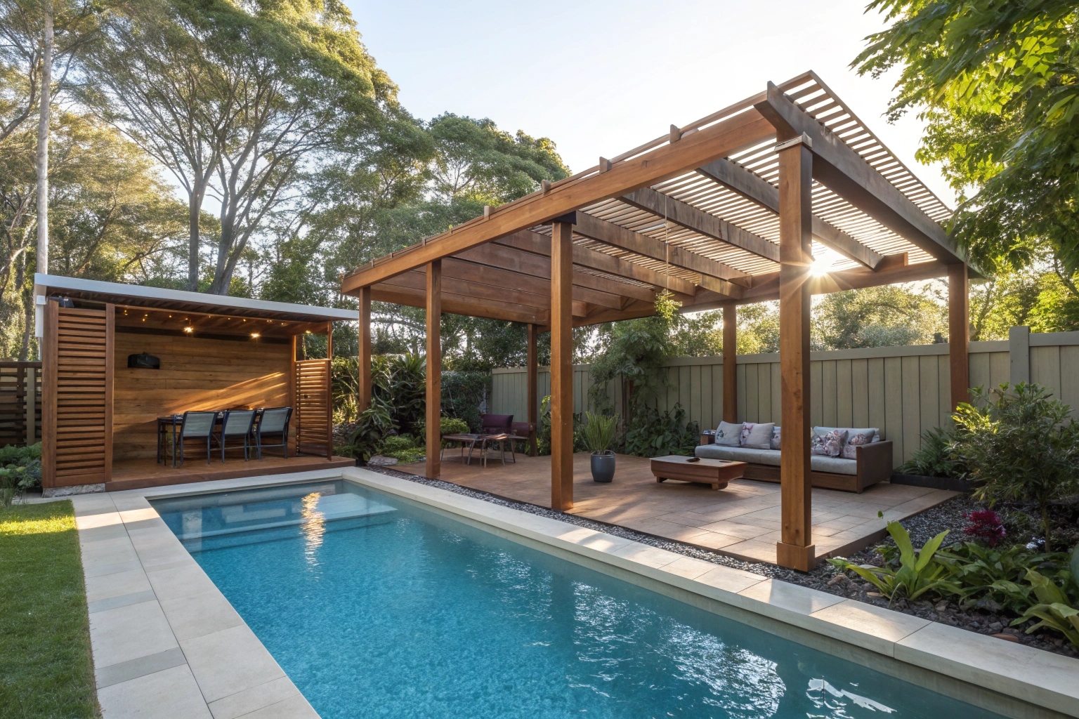 Pool pergola with timber posts beside residential swimming pool in Ipswich