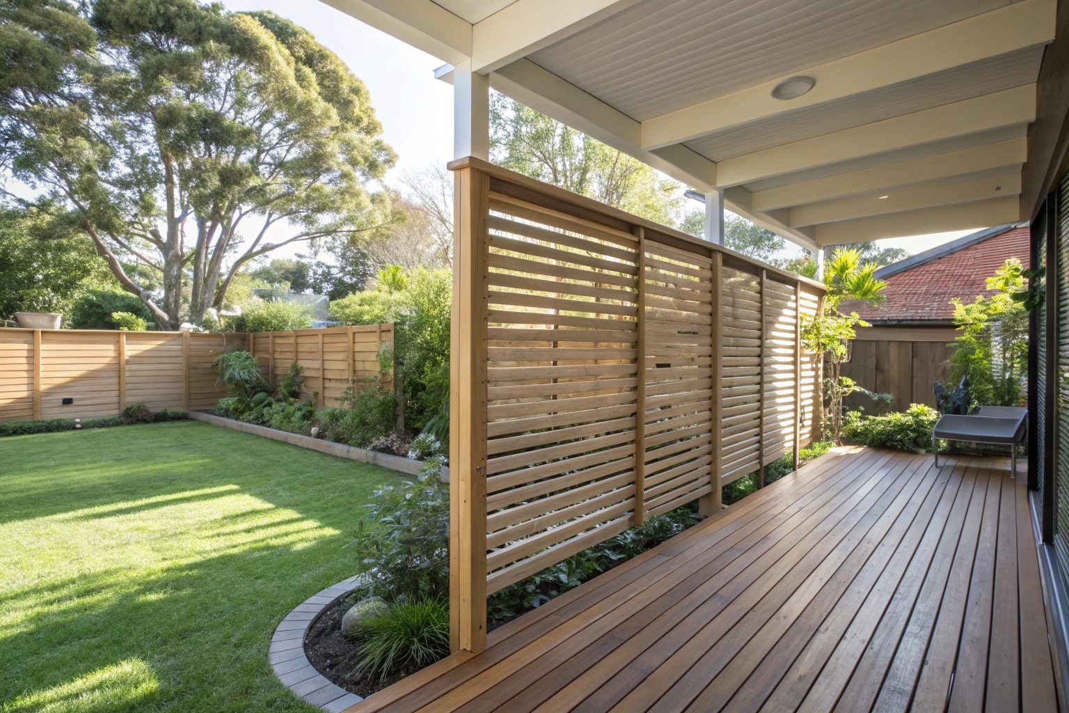 Timber privacy screen installed on outdoor deck in Ipswich backyard