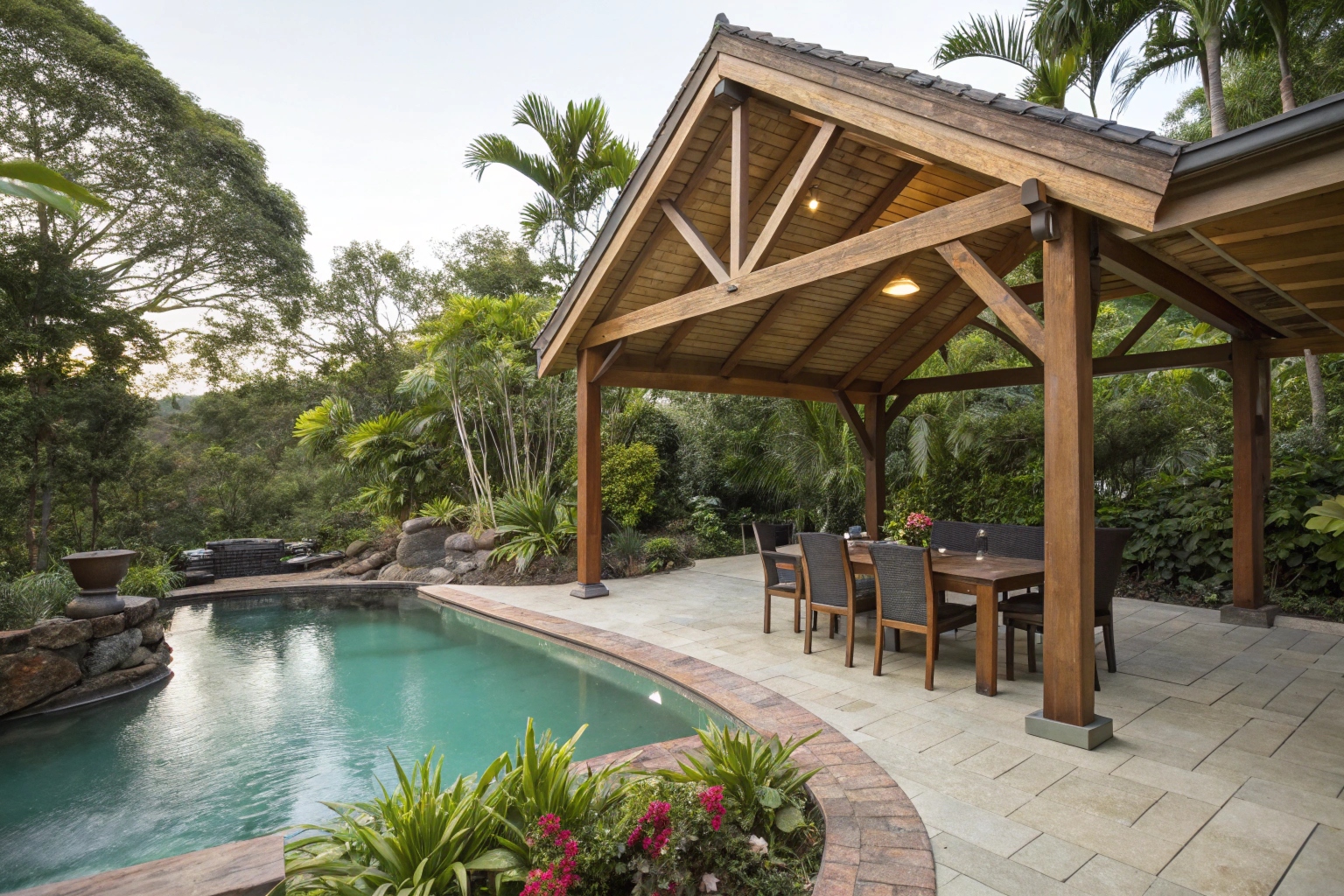 Timber gabled pool pergola with outdoor dining area next to backyard pool