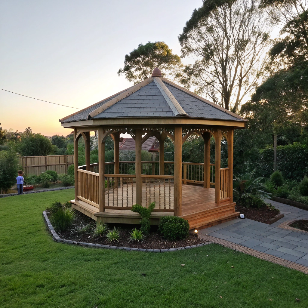 Timber octagonal gazebo with pyramidal roof in an Ipswich suburban backyard