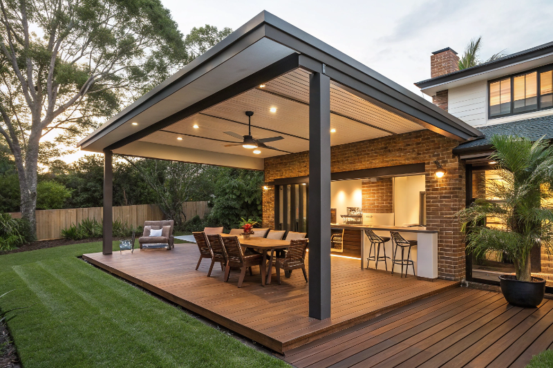 Modern outdoor entertainment area with insulated pergola roof and timber decking in Ipswich backyard