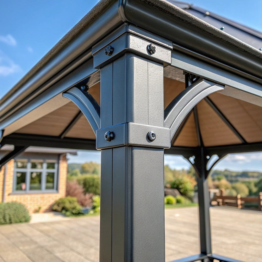 Close-up of powder coated aluminium gazebo frame showing finish quality