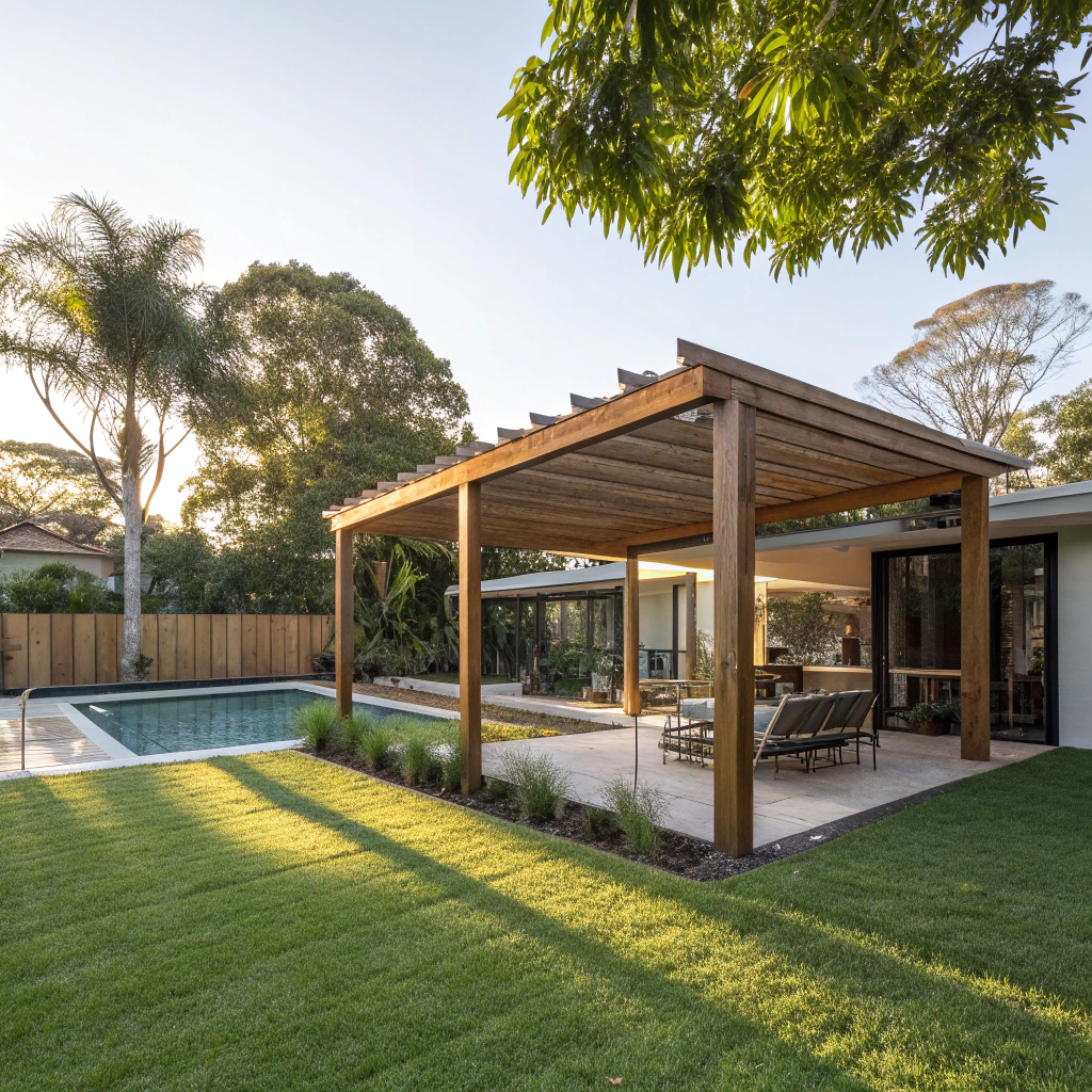 Freestanding pergola with outdoor dining furniture and string lights for entertaining in Ipswich