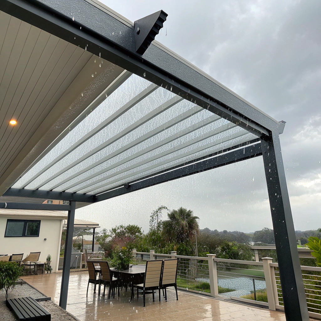Retractable roof pergola fully closed protecting outdoor area during Queensland rainstorm