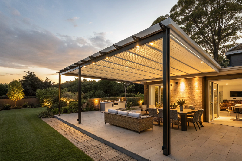 retractable-roof-pergola-fully-open-evening Retractable roof pergola fully open during evening in Ipswich outdoor entertaining area