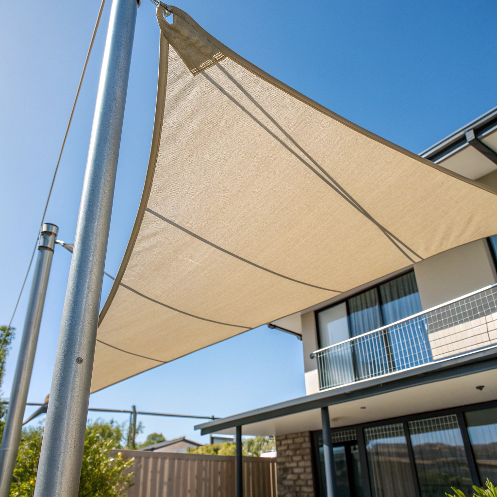Quality shade sail fabric tensioned between posts showing professional installation in Ipswich