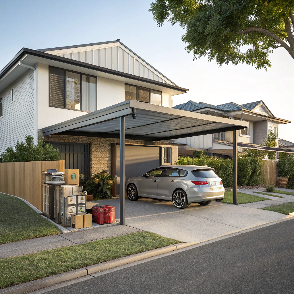 Single carport in Ipswich before extension showing limited space with one vehicle and storage