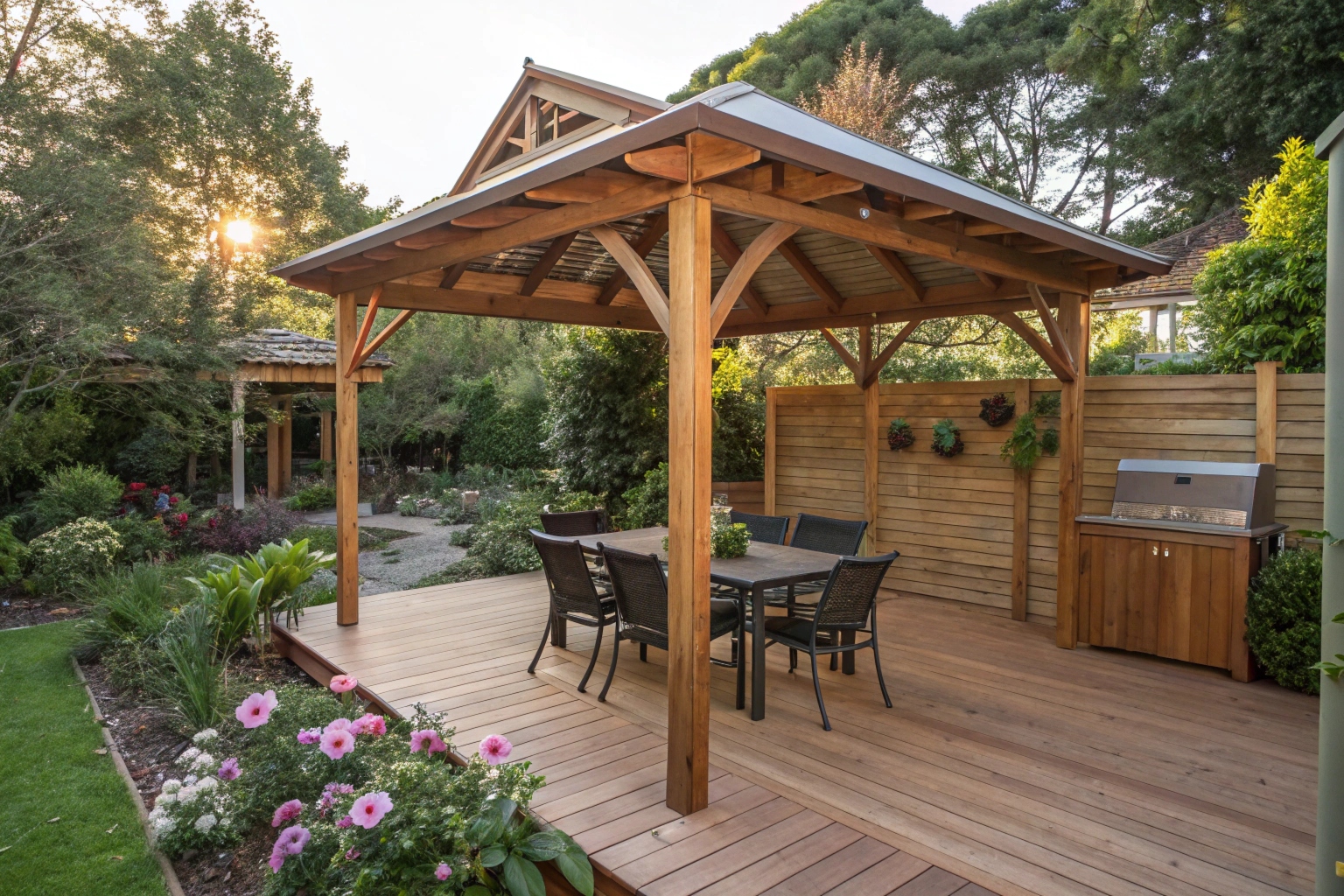 Timber gazebo entertaining space in Ipswich family garden