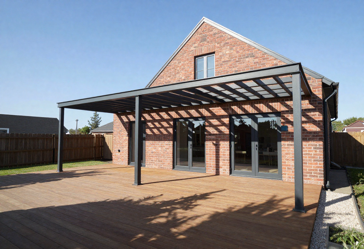steel frame pergola attached to a contemporary Australian brick home