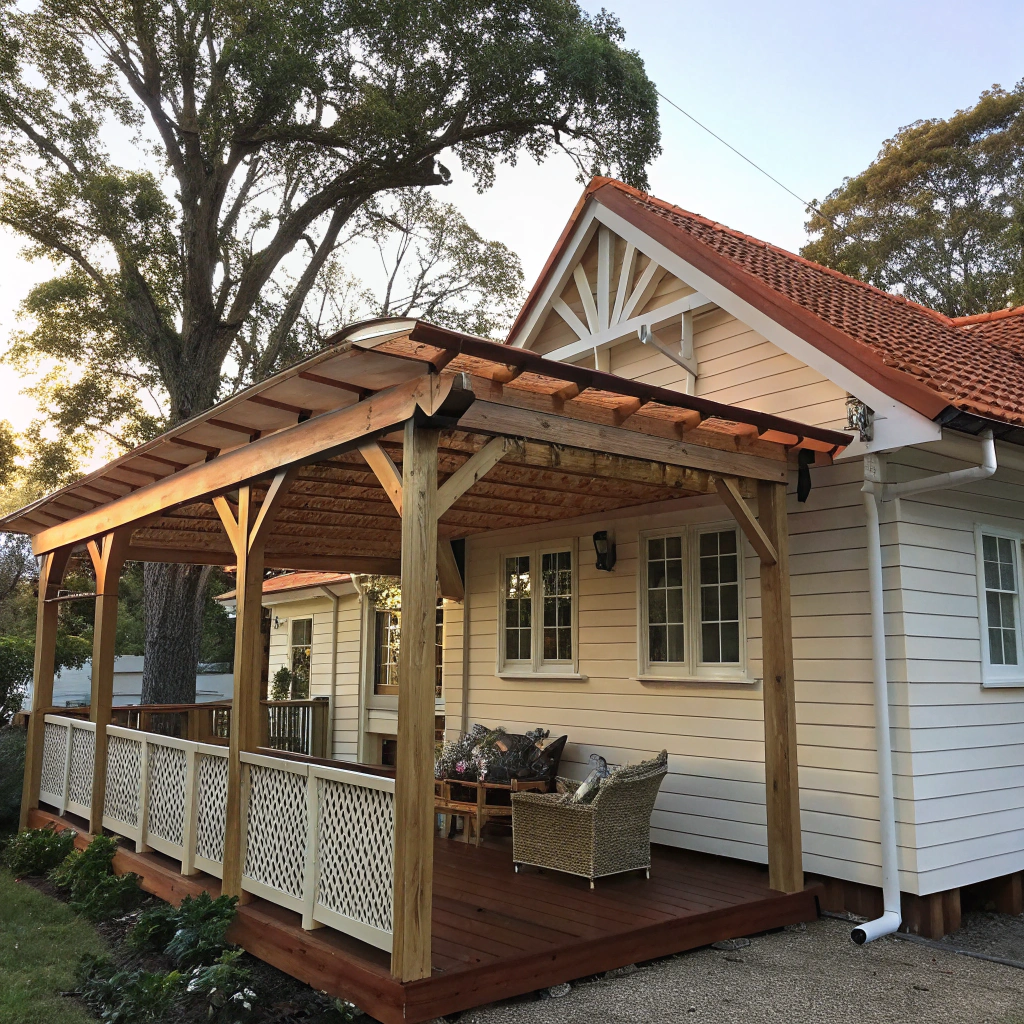 Traditional timber attached pergola complementing Queenslander-style character home in Ipswich
