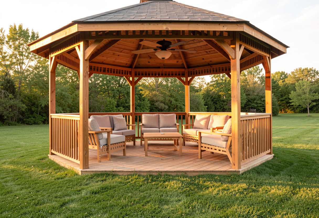 timber octagonal gazebo builder positioned in a lush Queensland backyard