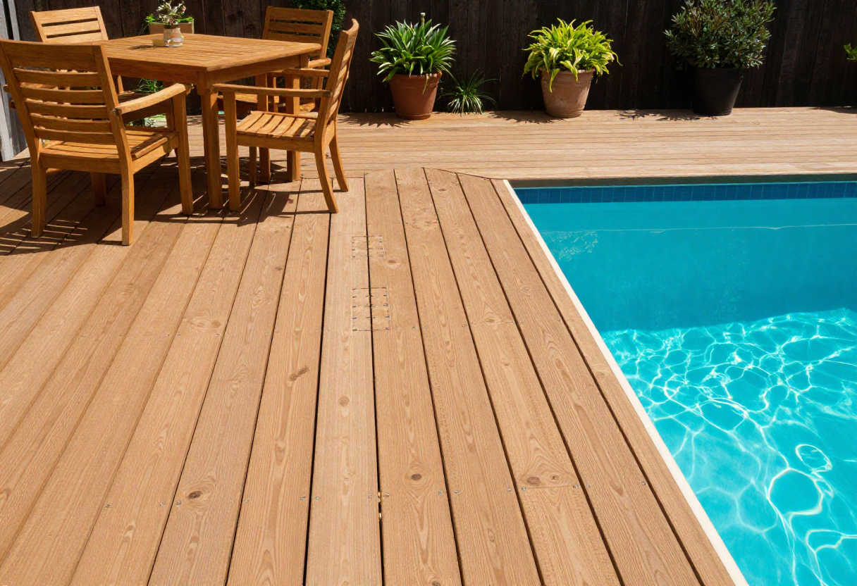timber pool deck build surrounding a backyard swimming pool