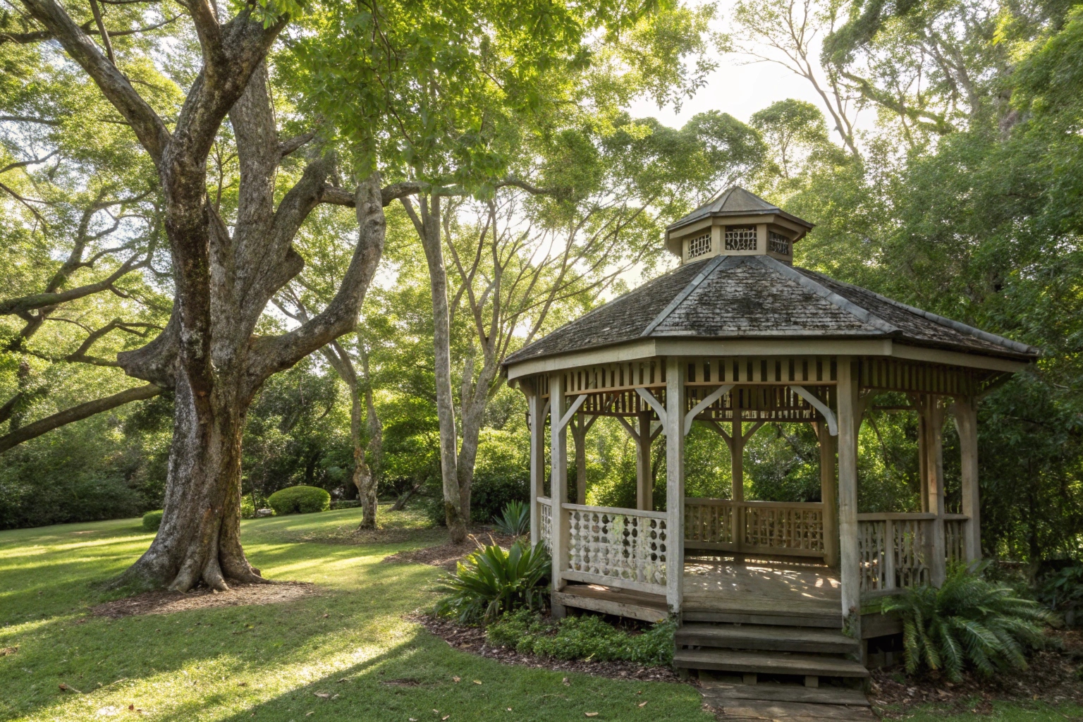 raditional timber gazebo construction in established Queensland garden