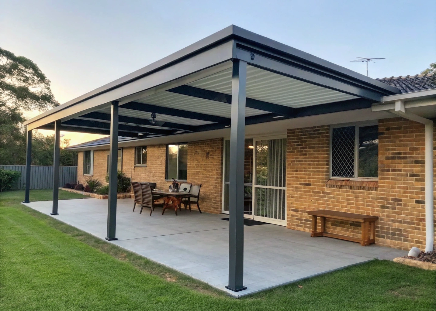 Attached pergola built onto the back of an Ipswich home with Colorbond roofing and timber decking