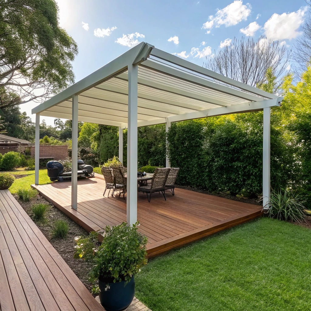 Freestanding pergola over an outdoor entertaining area in an Ipswich backyard