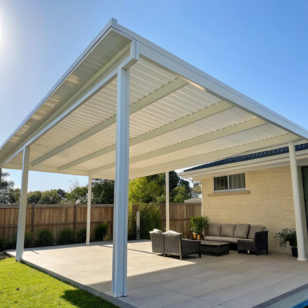 Insulated panel roof pergola in a Queensland backyard providing shade during summer