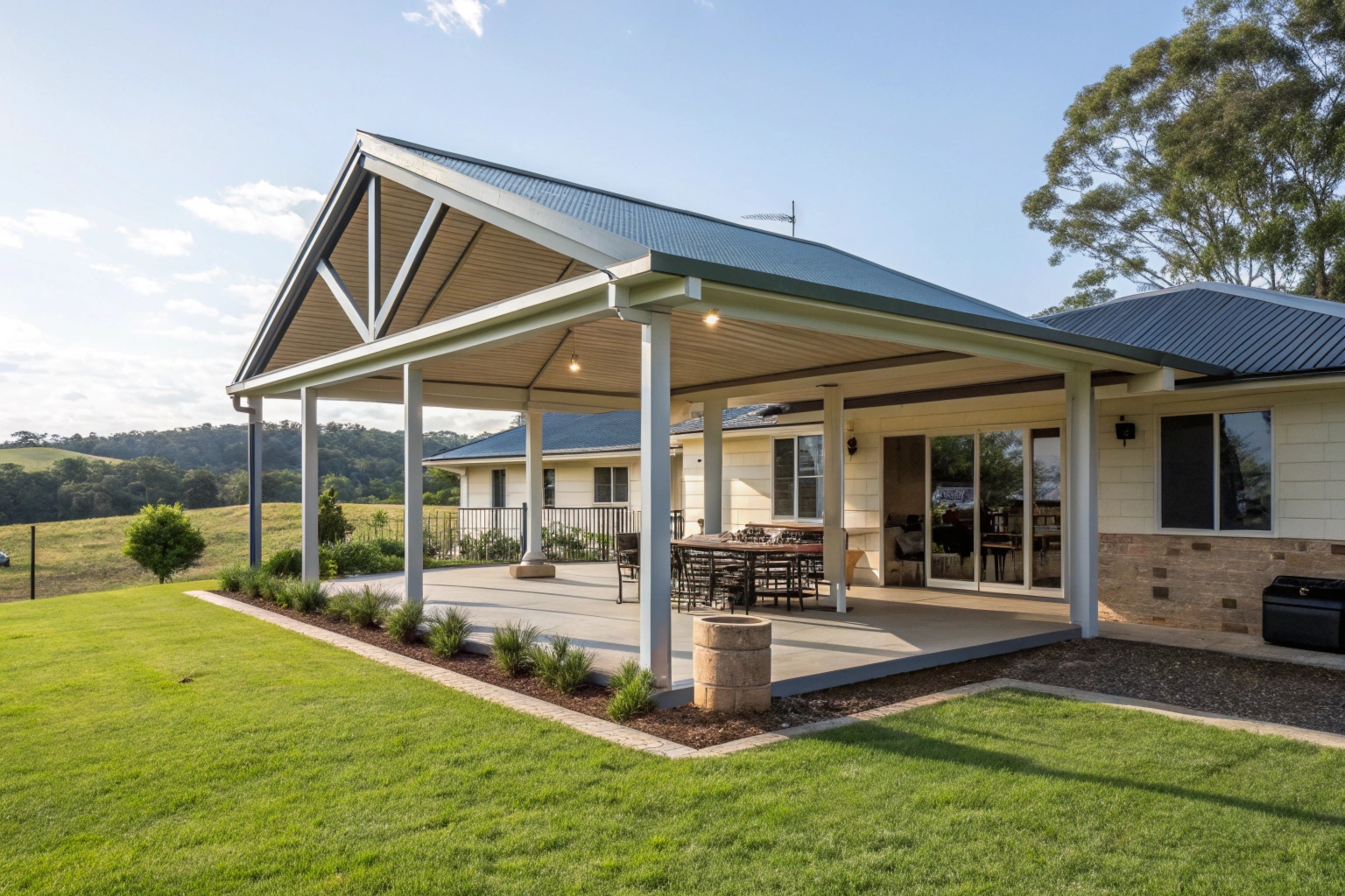 Gable roof pergola with Colorbond roofing on a large block in Chuwar Queensland