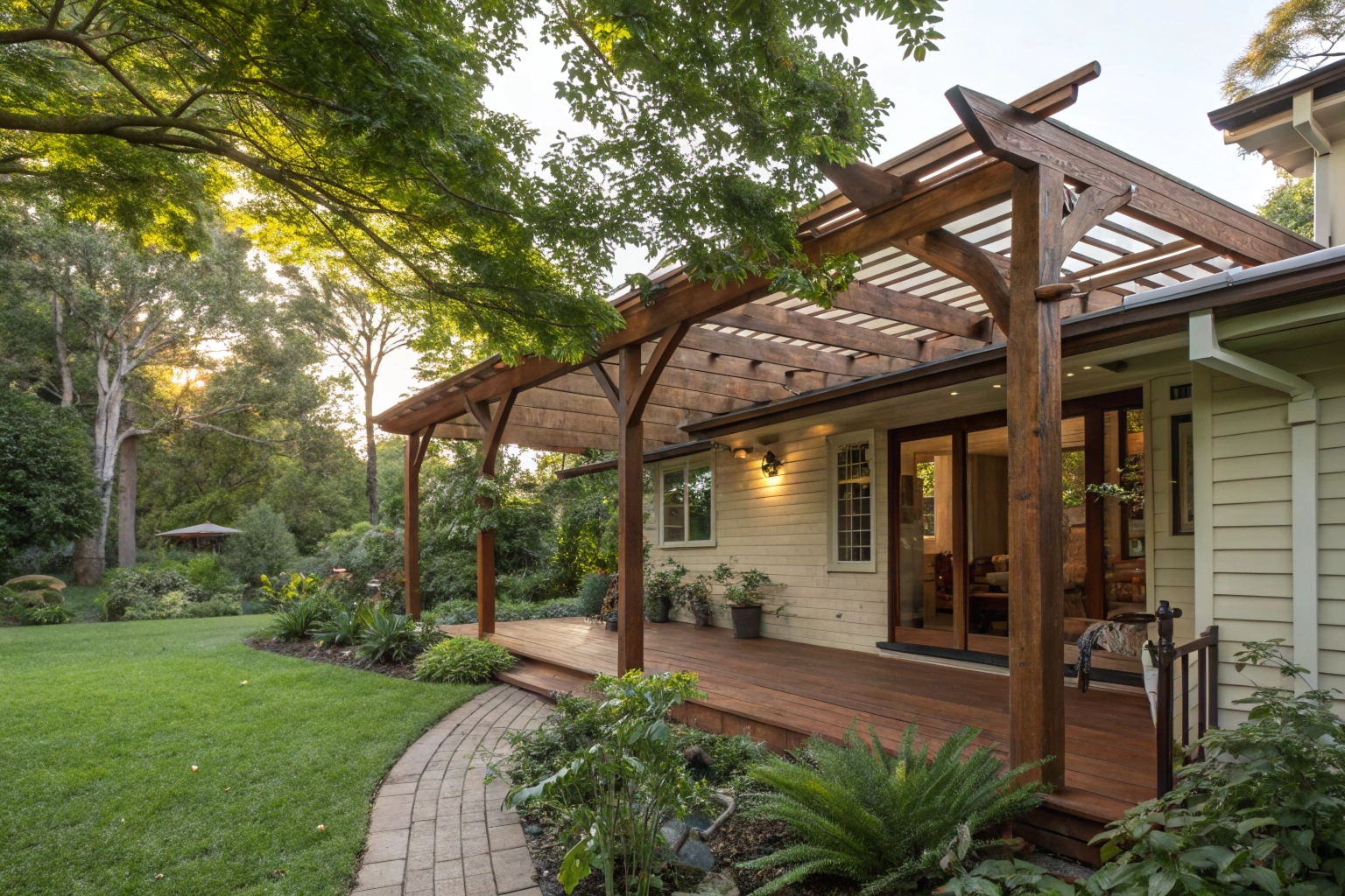 Timber pergola attached to a Queenslander home in outer Ipswich Queensland