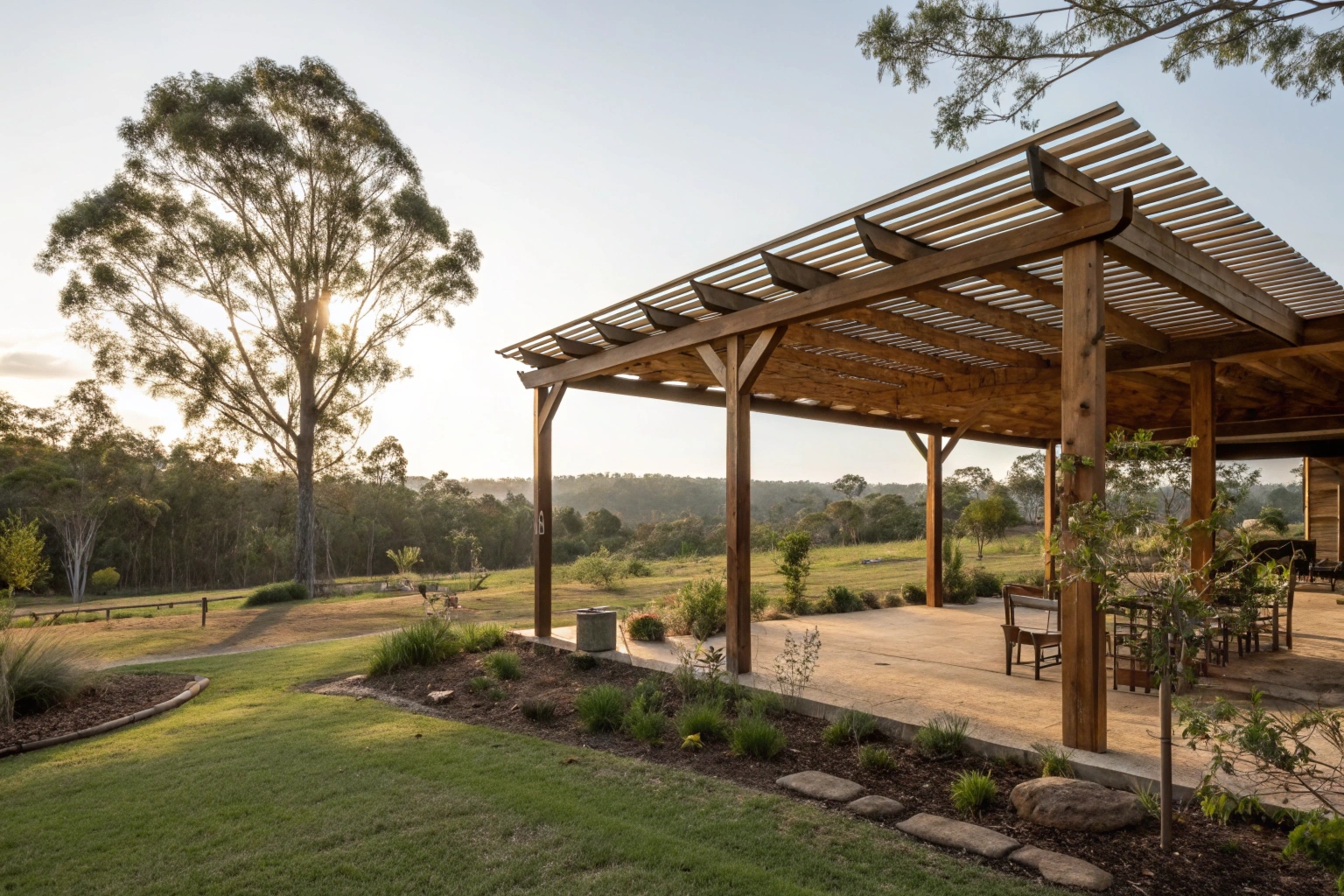 Freestanding timber pergola on a large semi-rural block in Chuwar QLD