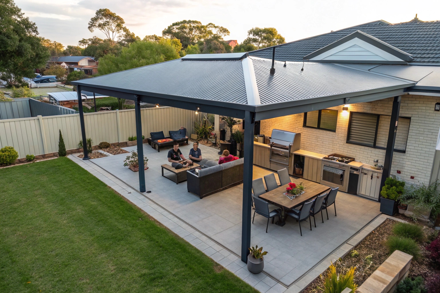 Covered outdoor entertaining area with Colorbond pergola roof in Brassall Ipswich backyard