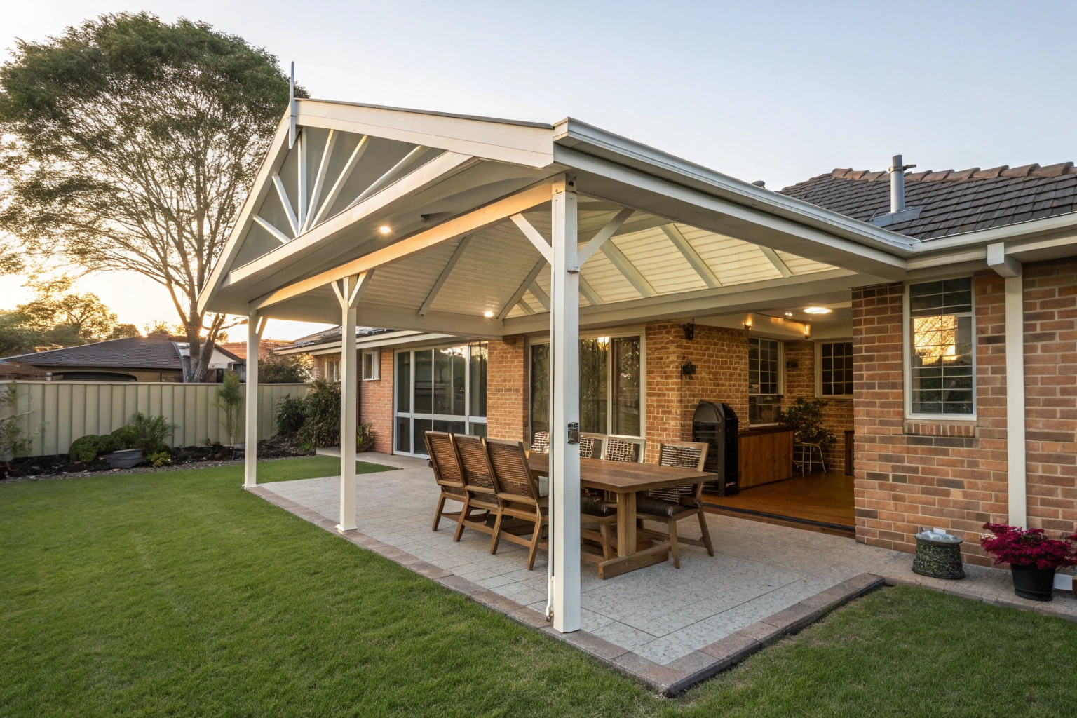Gable roof pergola attached to brick home in Brassall with outdoor dining area and green backyard